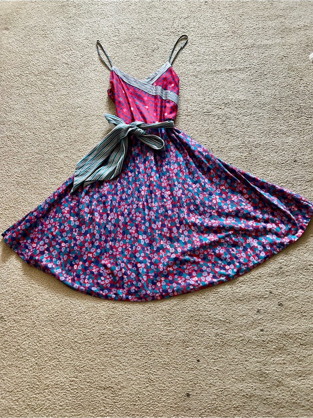 Marc Jacobs Pink & Blue Floral Strappy Dress with Striped Waist Tie